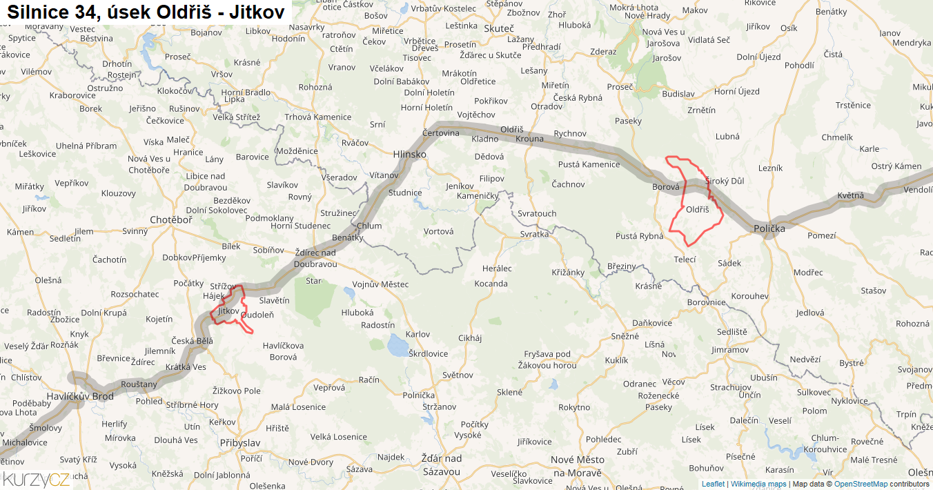Úsek Oldřiš - Jitkov, Silnice 34 - Mapa