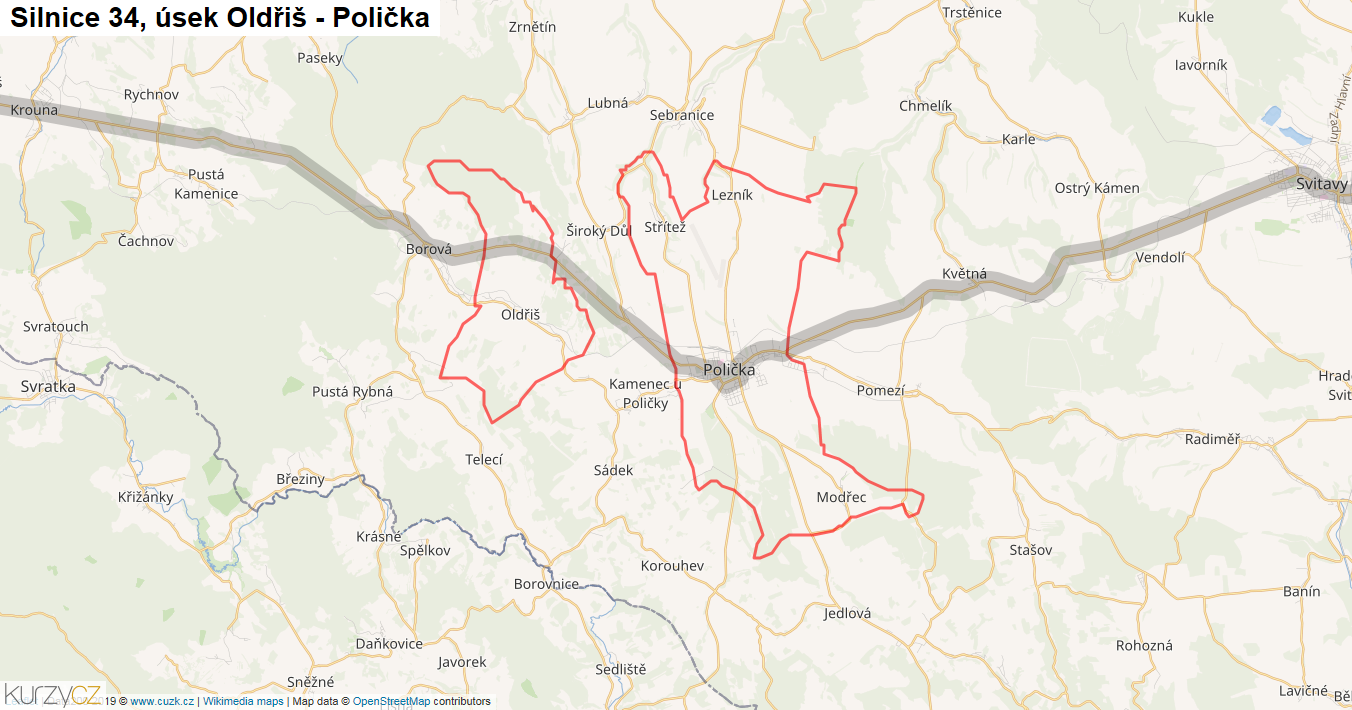 Úsek Oldřiš - Polička, Silnice 34 - Mapa