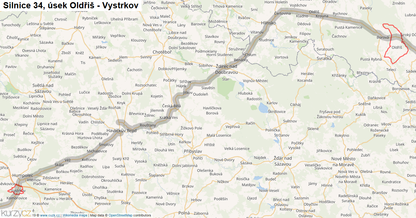 Úsek Oldřiš - Vystrkov, Silnice 34 - Mapa
