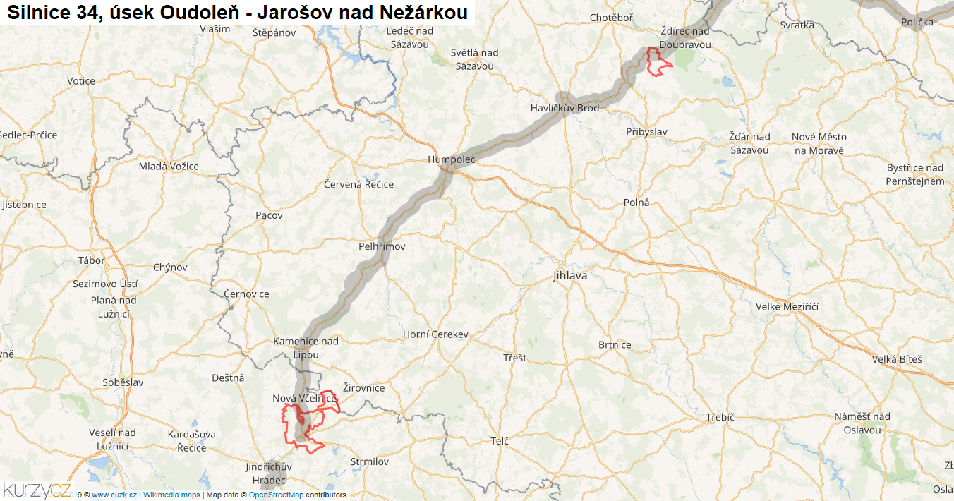 Úsek Oudoleň - Jarošov nad Nežárkou, Silnice 34 - Mapa
