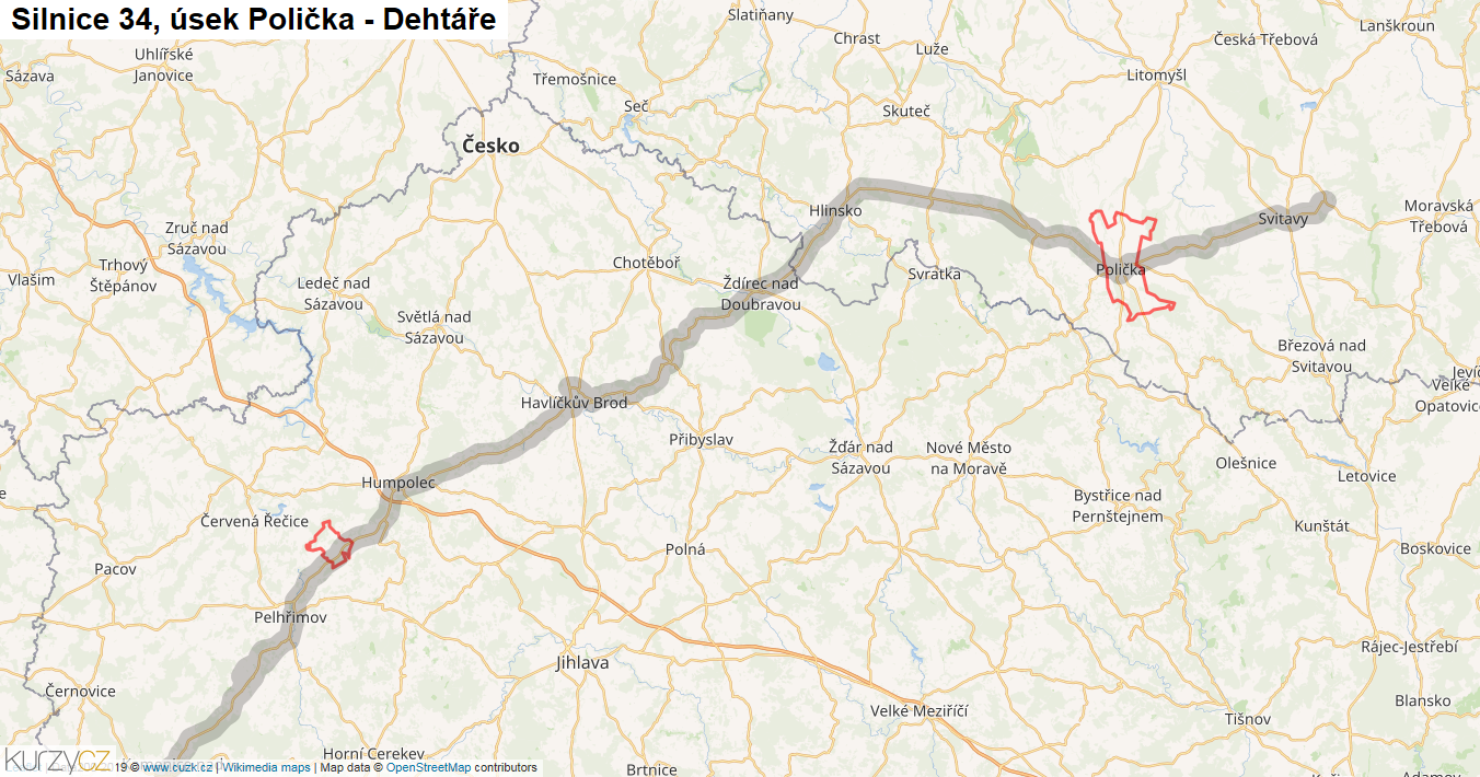 Úsek Polička - Dehtáře, Silnice 34 - Mapa