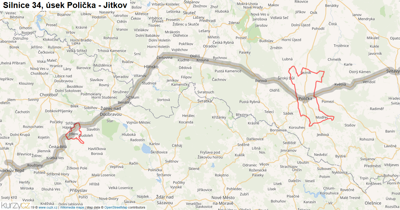 Úsek Polička - Jitkov, Silnice 34 - Mapa