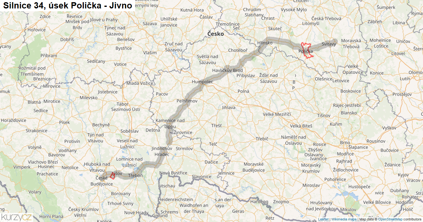 Úsek Polička - Jivno, Silnice 34 - Mapa