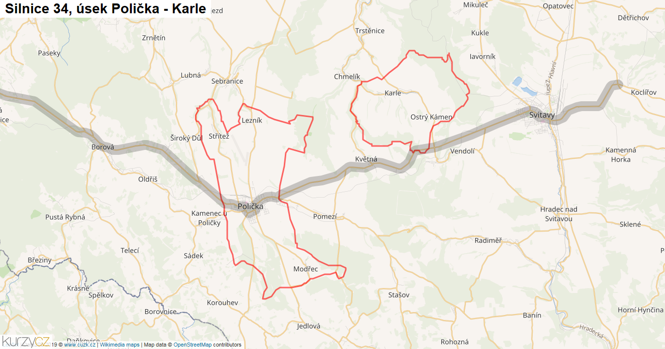 Úsek Polička - Karle, Silnice 34 - Mapa