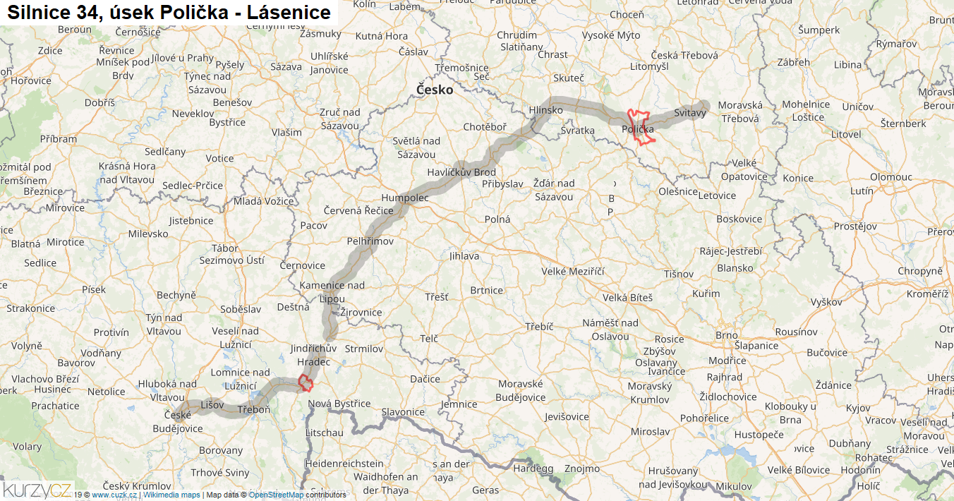 Úsek Polička - Lásenice, Silnice 34 - Mapa