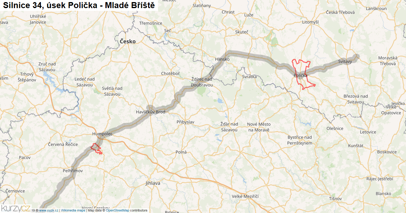 Úsek Polička - Mladé Bříště, Silnice 34 - Mapa