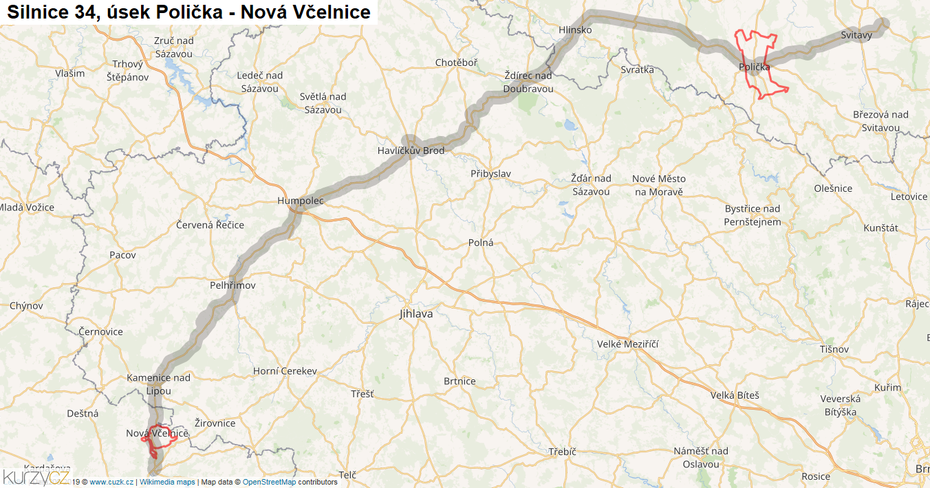 Úsek Polička - Nová Včelnice, Silnice 34 - Mapa