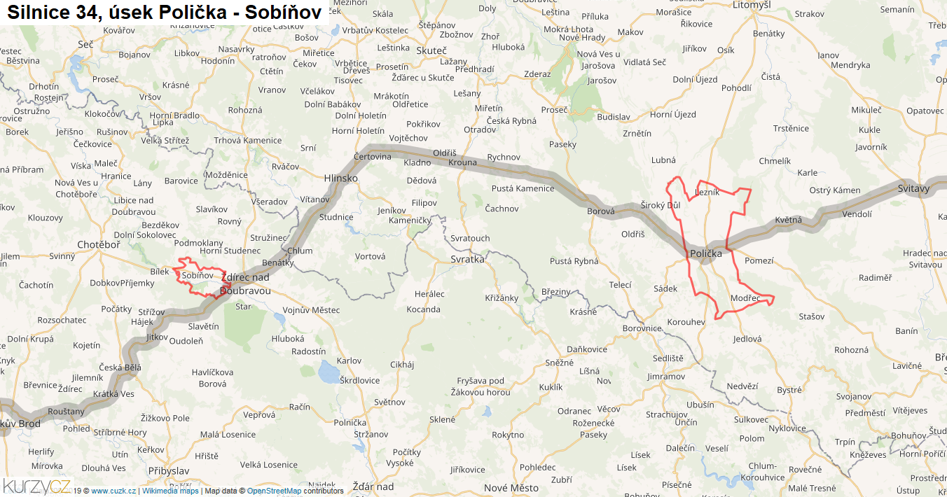 Úsek Polička - Sobíňov, Silnice 34 - Mapa