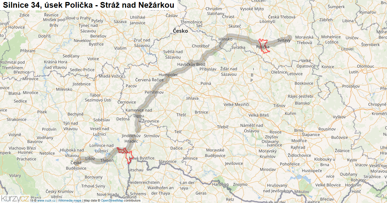 Úsek Polička - Stráž nad Nežárkou, Silnice 34 - Mapa