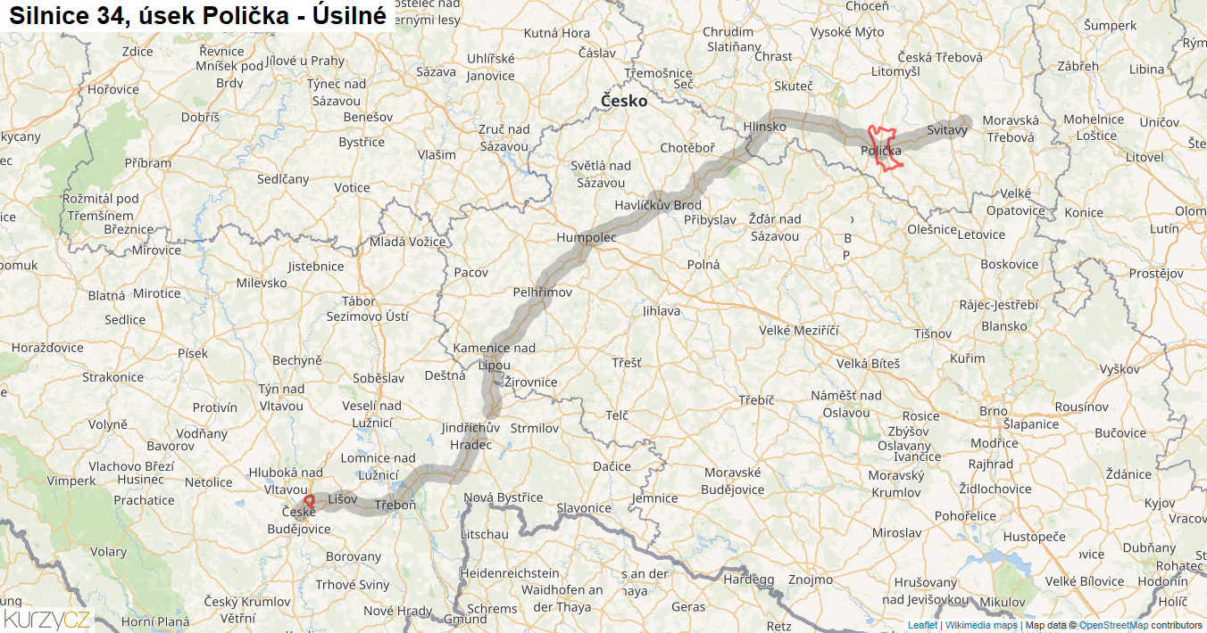 Úsek Polička - Úsilné, Silnice 34 - Mapa