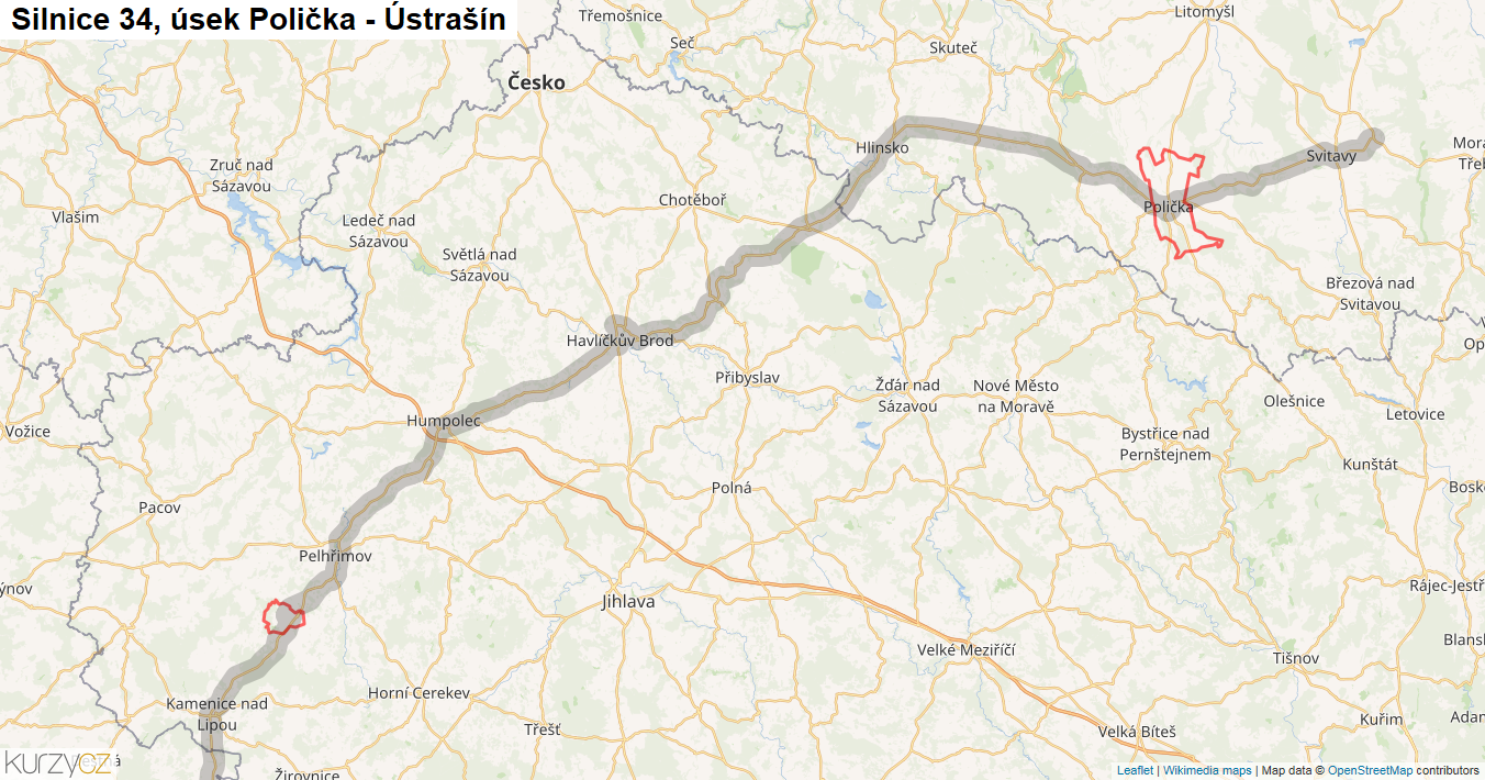 Úsek Polička - Ústrašín, Silnice 34 - Mapa
