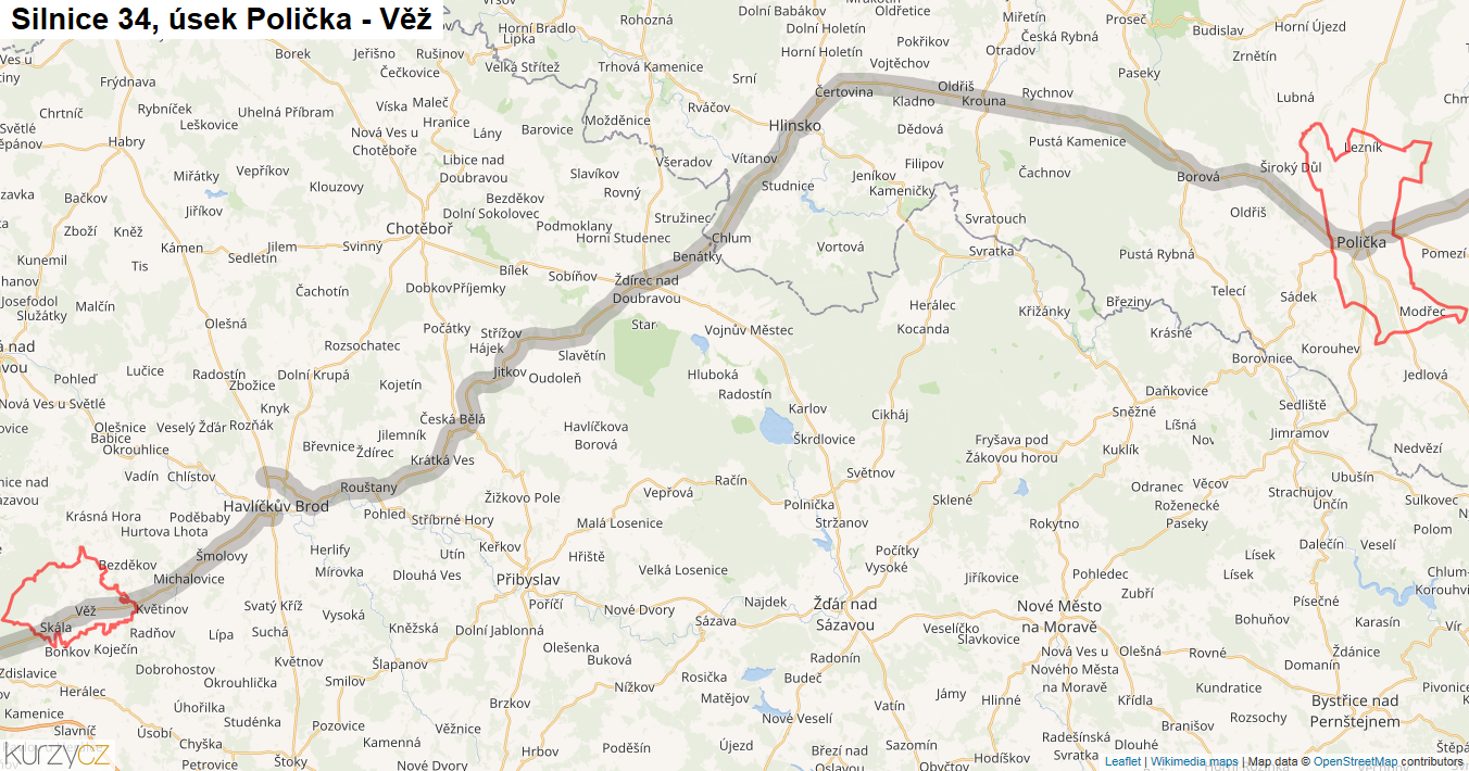 Úsek Polička - Věž, Silnice 34 - Mapa