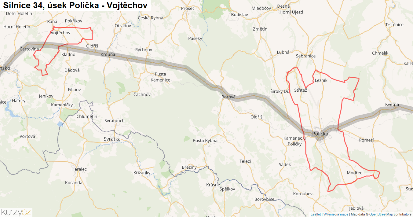 Úsek Polička - Vojtěchov, Silnice 34 - Mapa