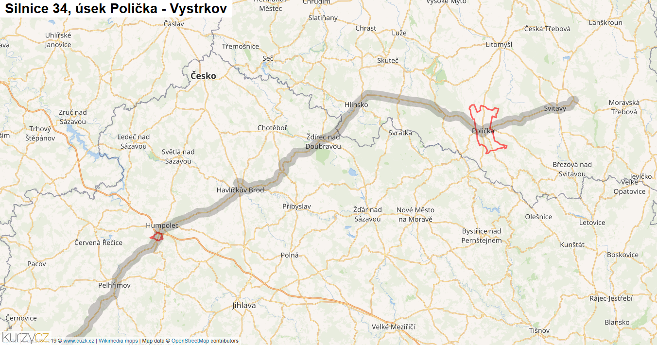 Úsek Polička - Vystrkov, Silnice 34 - Mapa