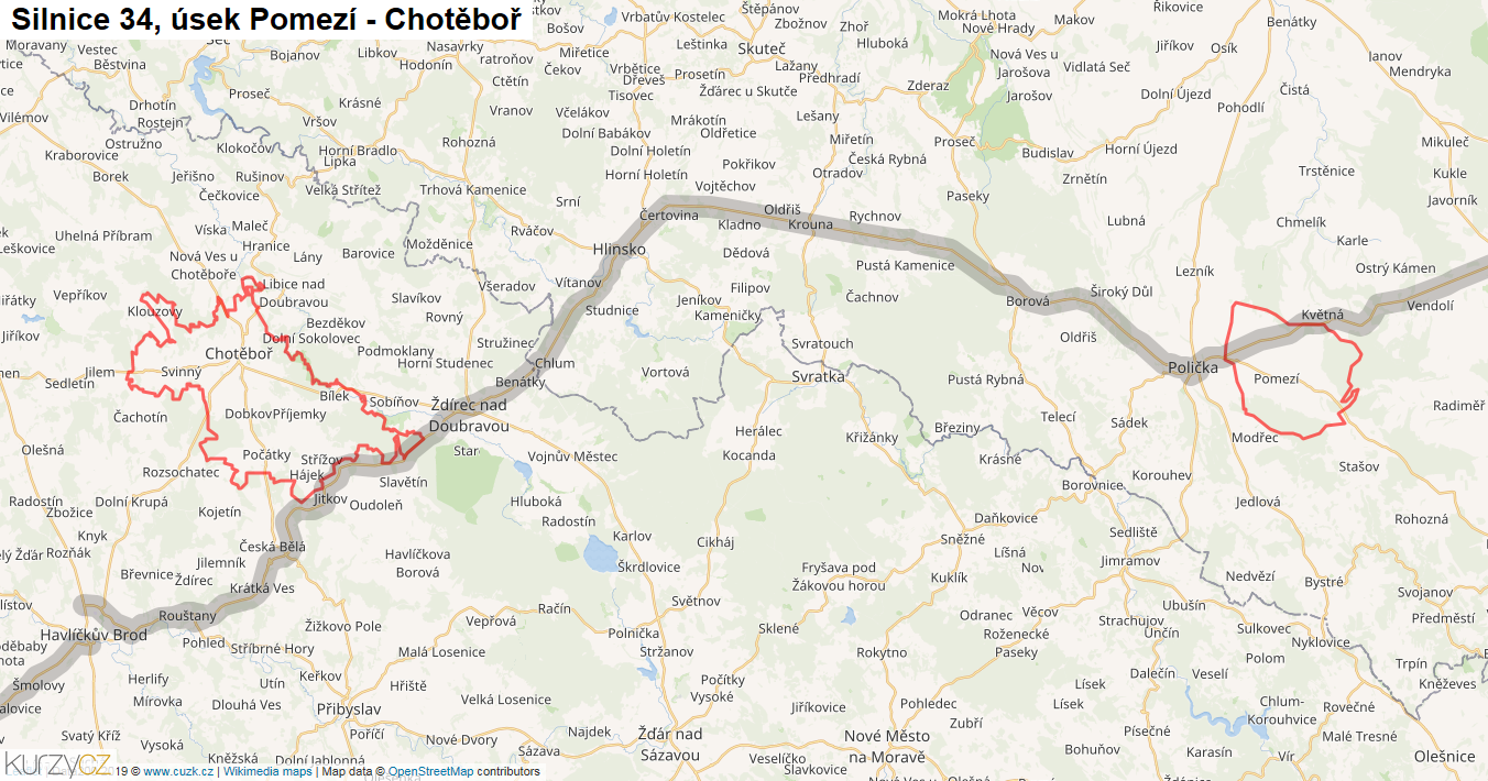 Úsek Pomezí - Chotěboř, Silnice 34 - Mapa