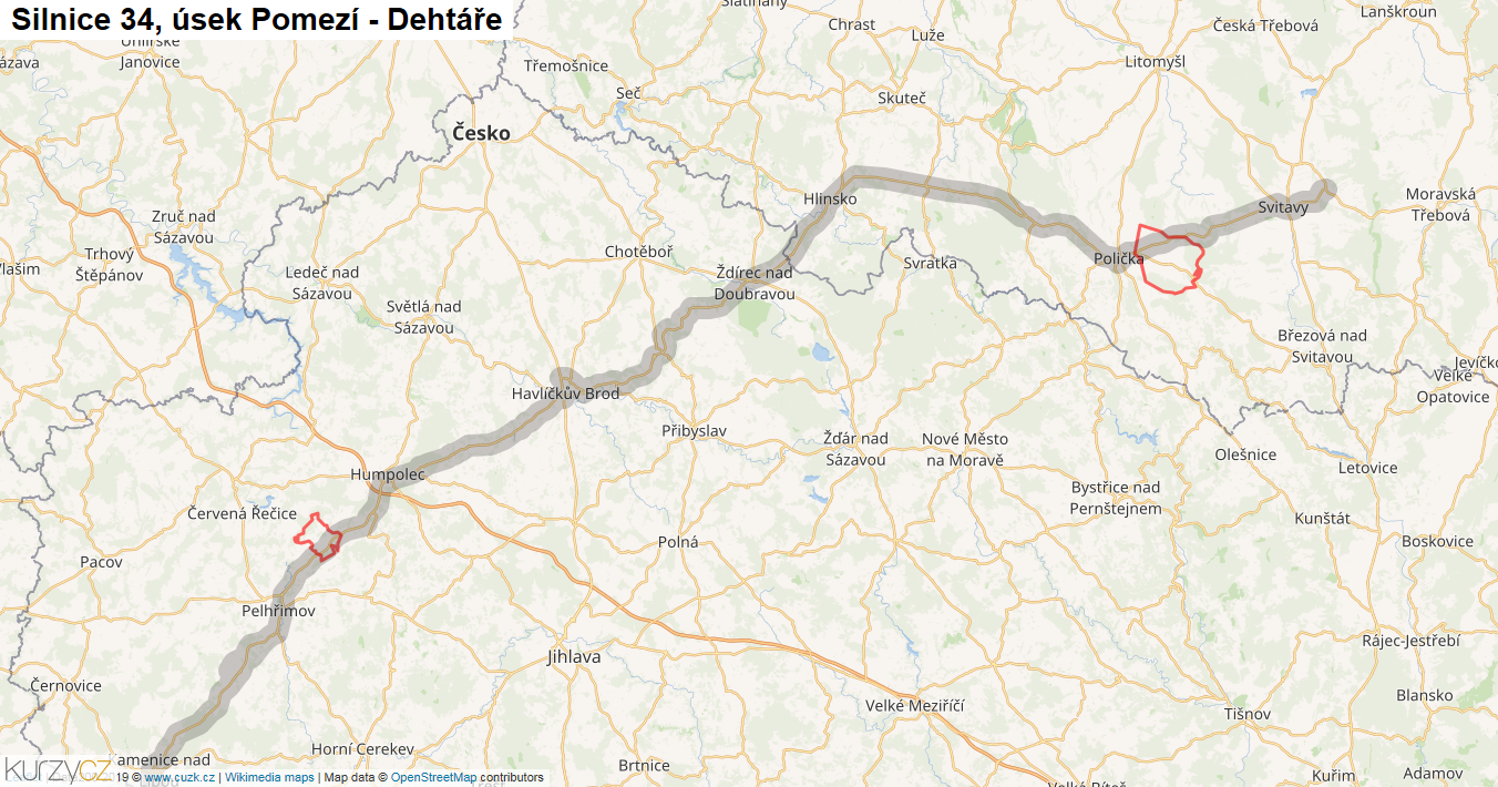Úsek Pomezí - Dehtáře, Silnice 34 - Mapa