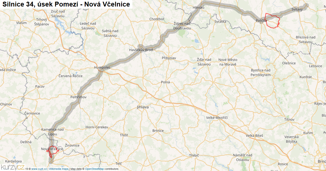Úsek Pomezí - Nová Včelnice, Silnice 34 - Mapa