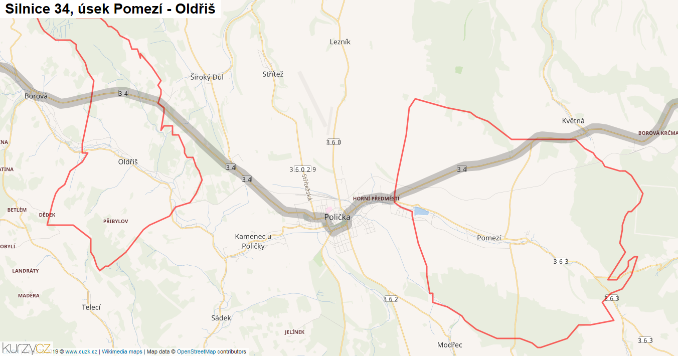 Úsek Pomezí - Oldřiš, Silnice 34 - Mapa