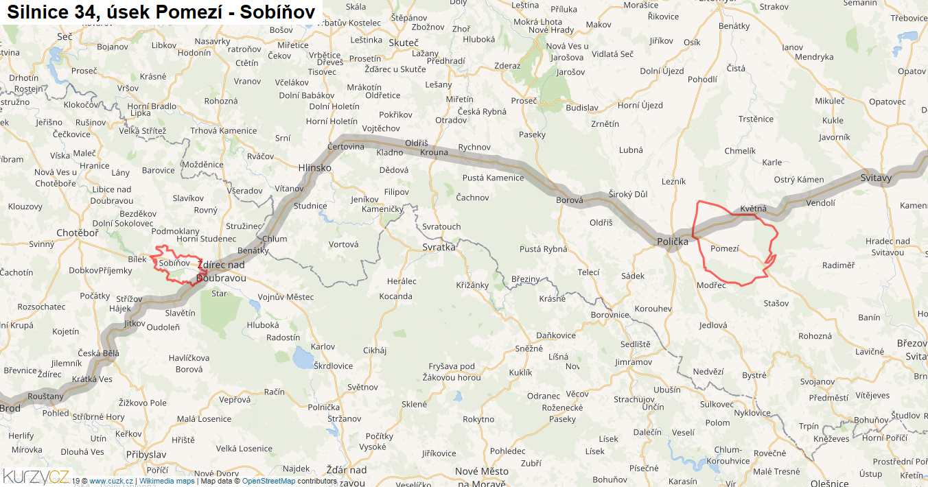 Úsek Pomezí - Sobíňov, Silnice 34 - Mapa
