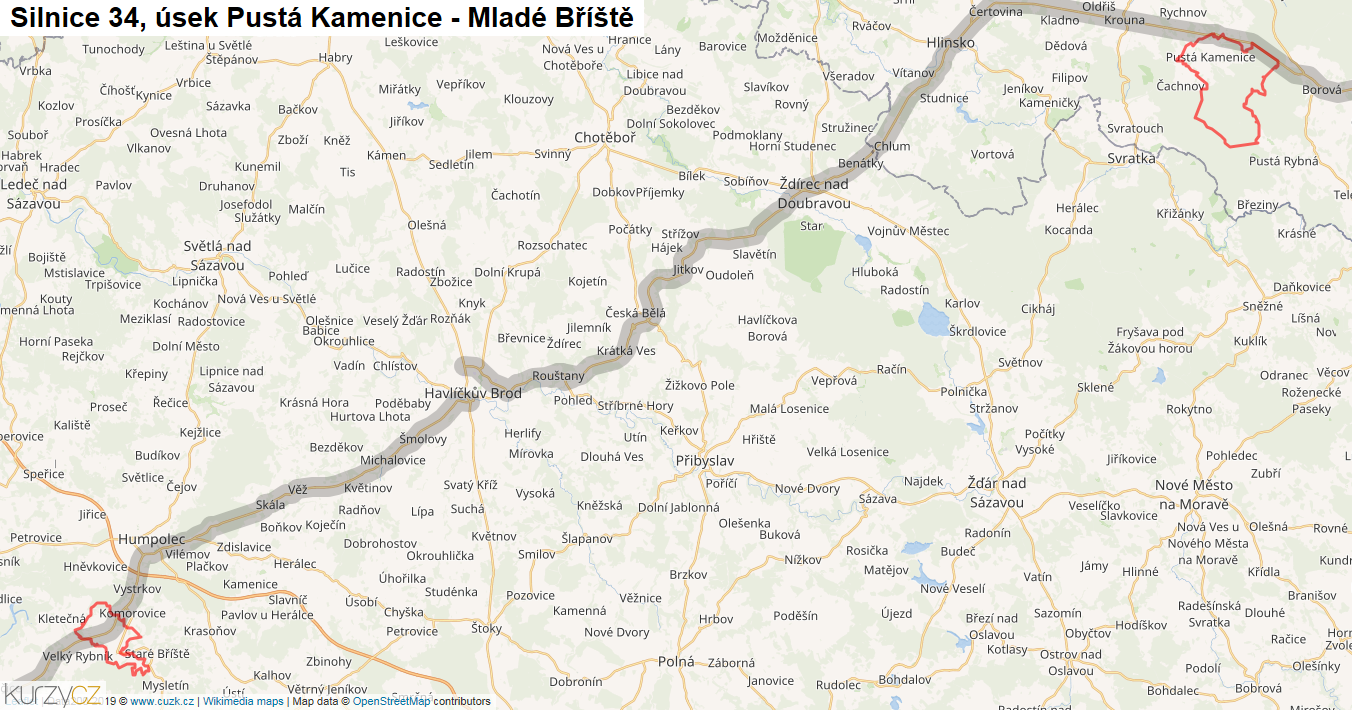 Úsek Pustá Kamenice - Mladé Bříště, Silnice 34 - Mapa