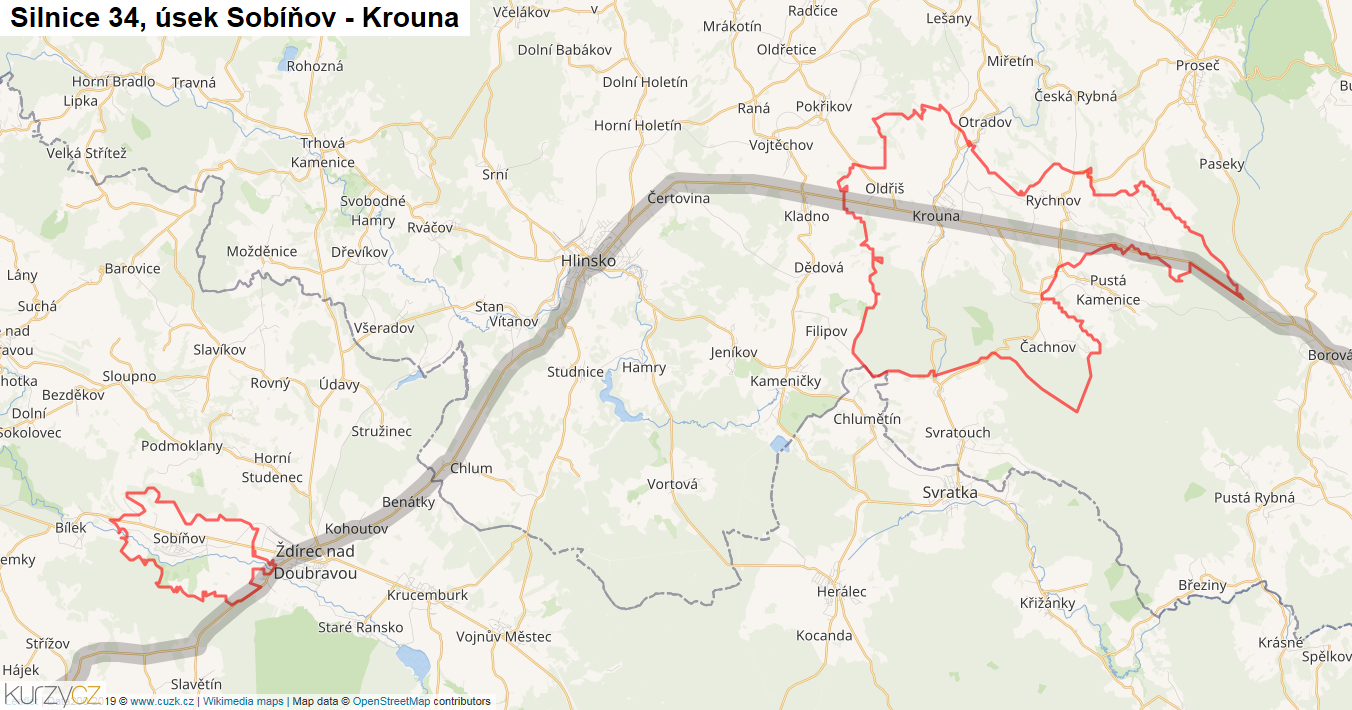 Úsek Sobíňov - Krouna, Silnice 34 - Mapa