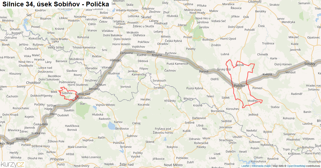 Úsek Sobíňov - Polička, Silnice 34 - Mapa