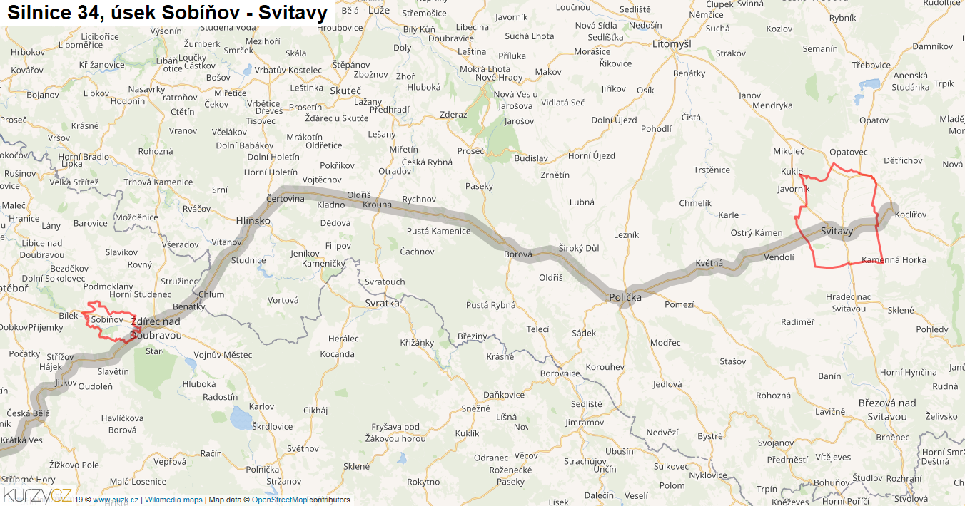 Úsek Sobíňov - Svitavy, Silnice 34 - Mapa