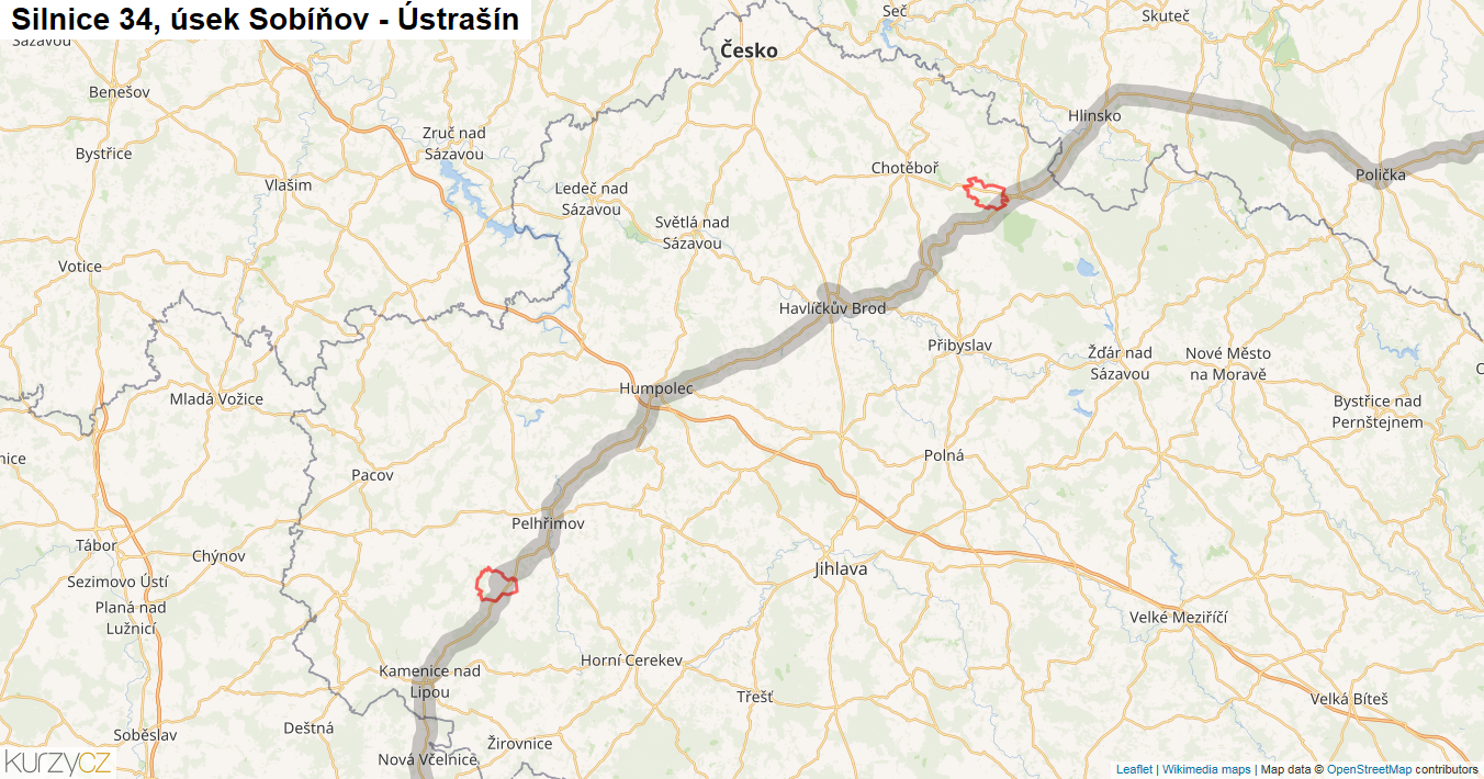 Úsek Sobíňov - Ústrašín, Silnice 34 - Mapa