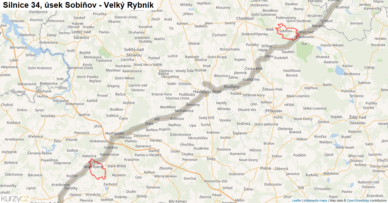 Úsek Sobíňov - Velký Rybník, Silnice 34 - Mapa