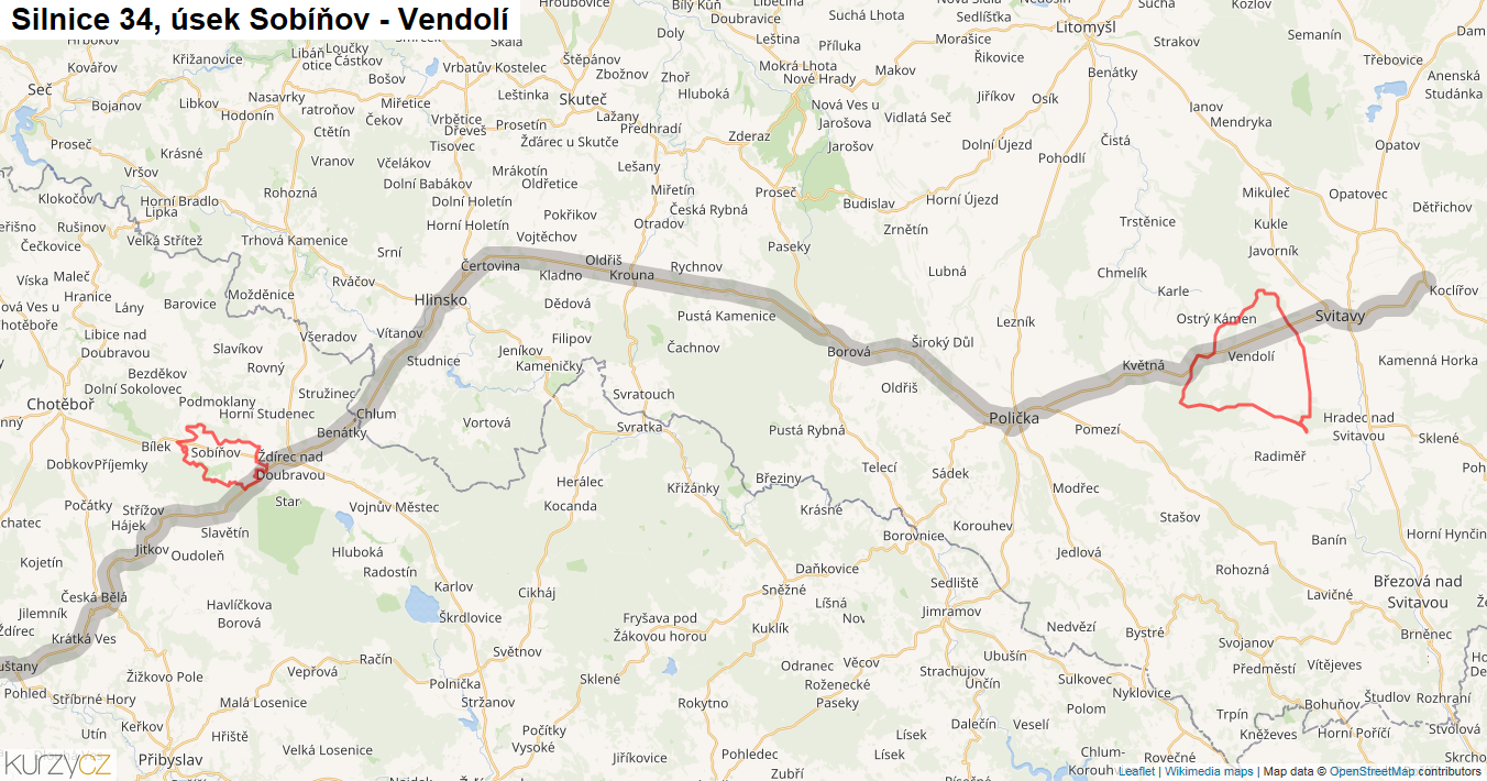 Úsek Sobíňov - Vendolí, Silnice 34 - Mapa