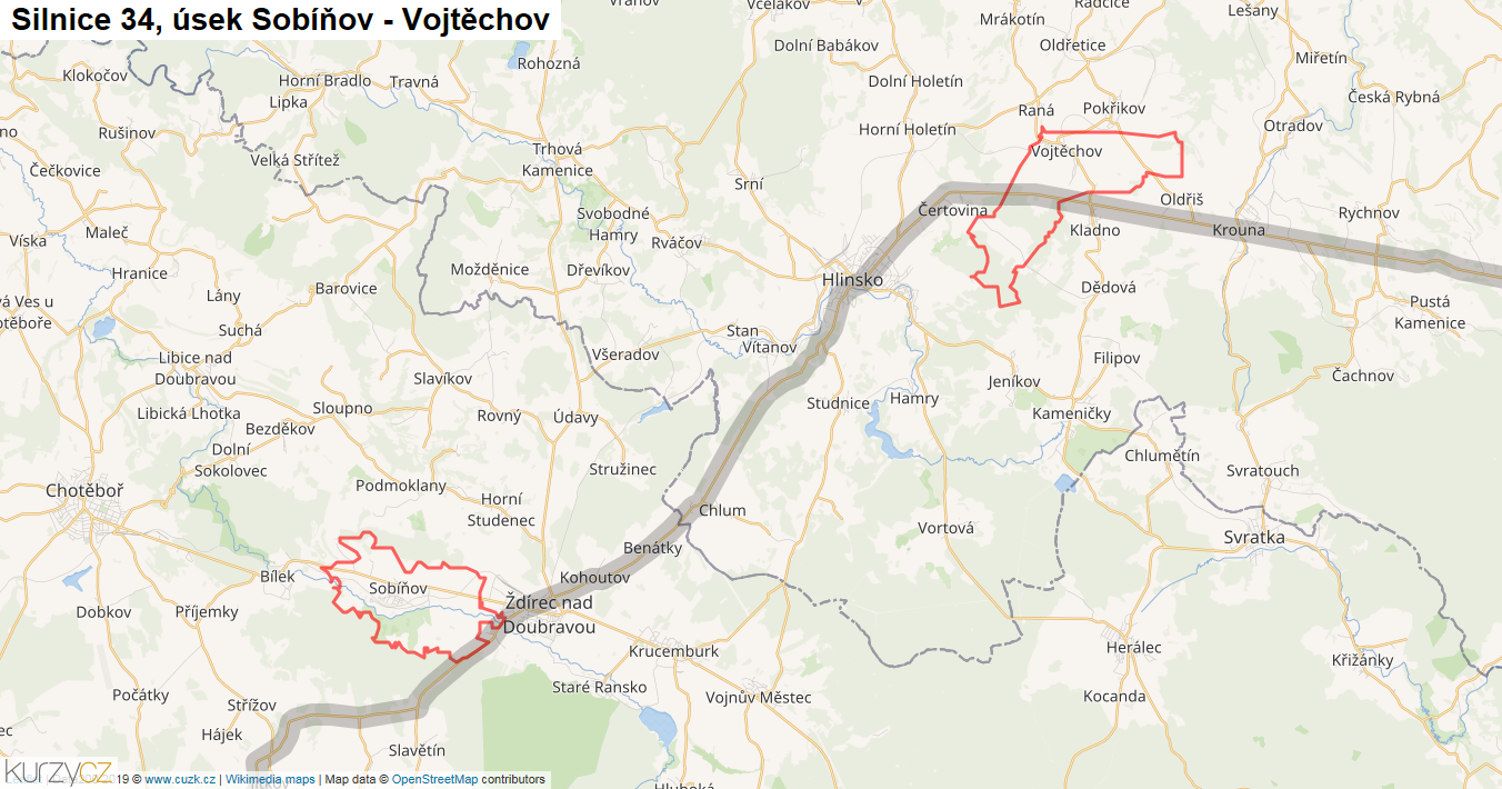 Úsek Sobíňov - Vojtěchov, Silnice 34 - Mapa