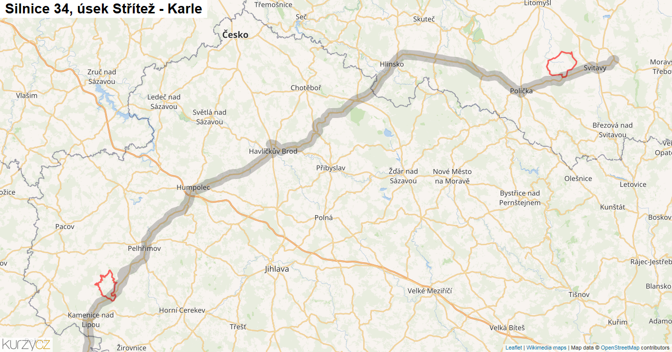 Úsek Střítež - Karle, Silnice 34 - Mapa