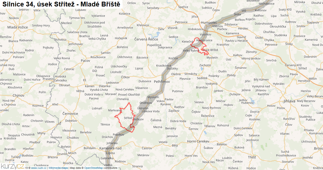 Úsek Střítež - Mladé Bříště, Silnice 34 - Mapa