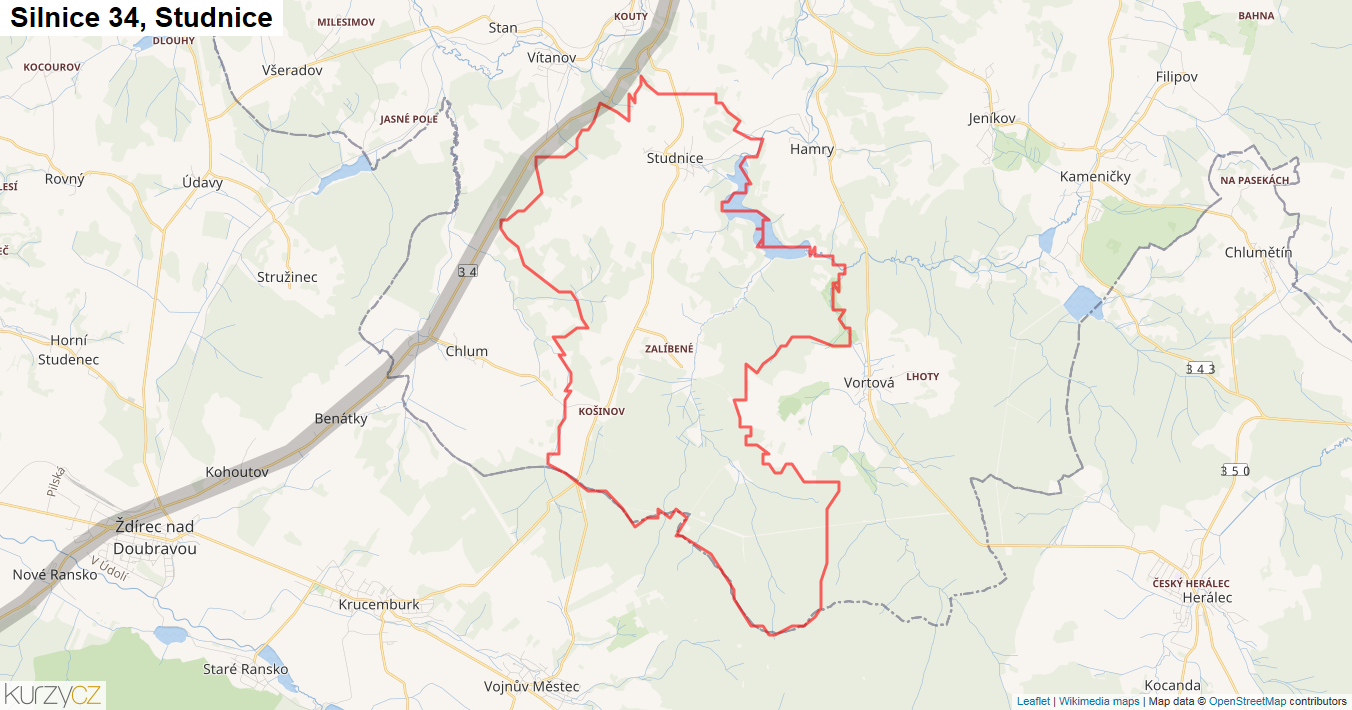 Studnice, Silnice 34 - Mapa