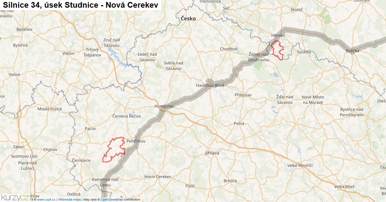 Úsek Studnice - Nová Cerekev, Silnice 34 - Mapa