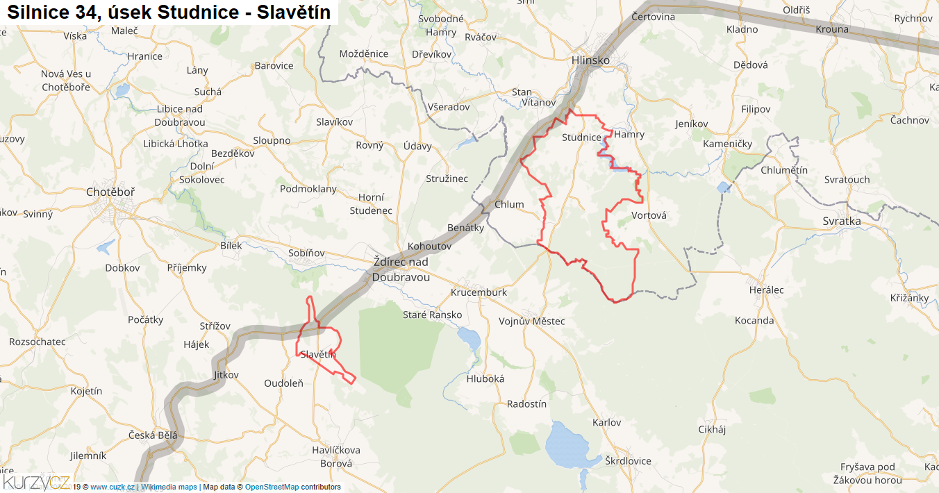 Úsek Studnice - Slavětín, Silnice 34 - Mapa