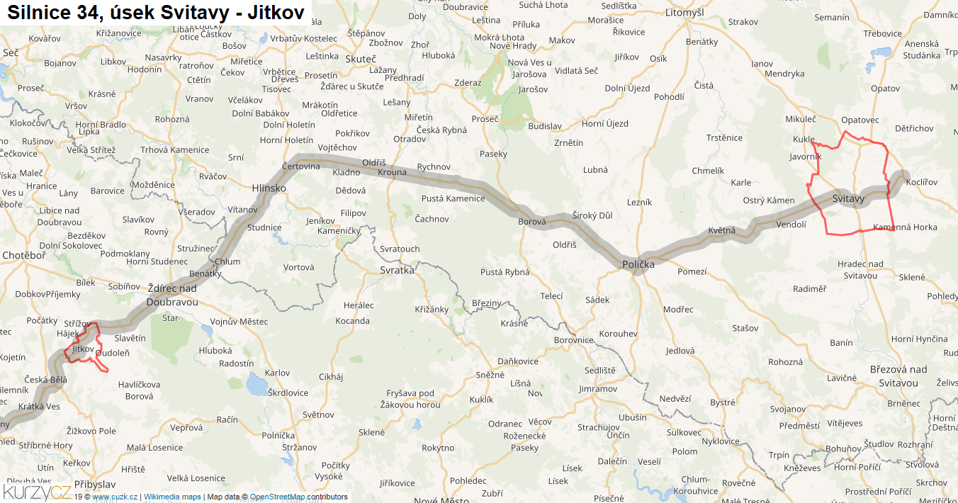 Úsek Svitavy - Jitkov, Silnice 34 - Mapa