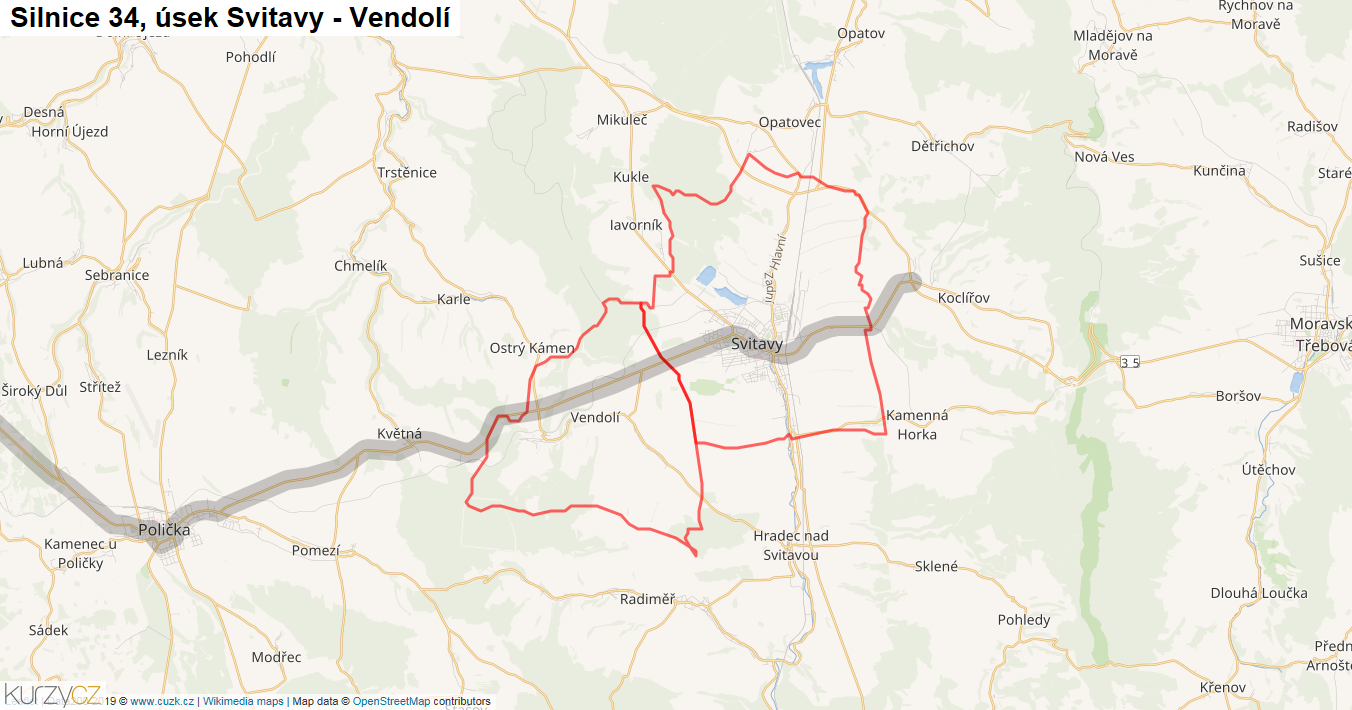 Úsek Svitavy - Vendolí, Silnice 34 - Mapa