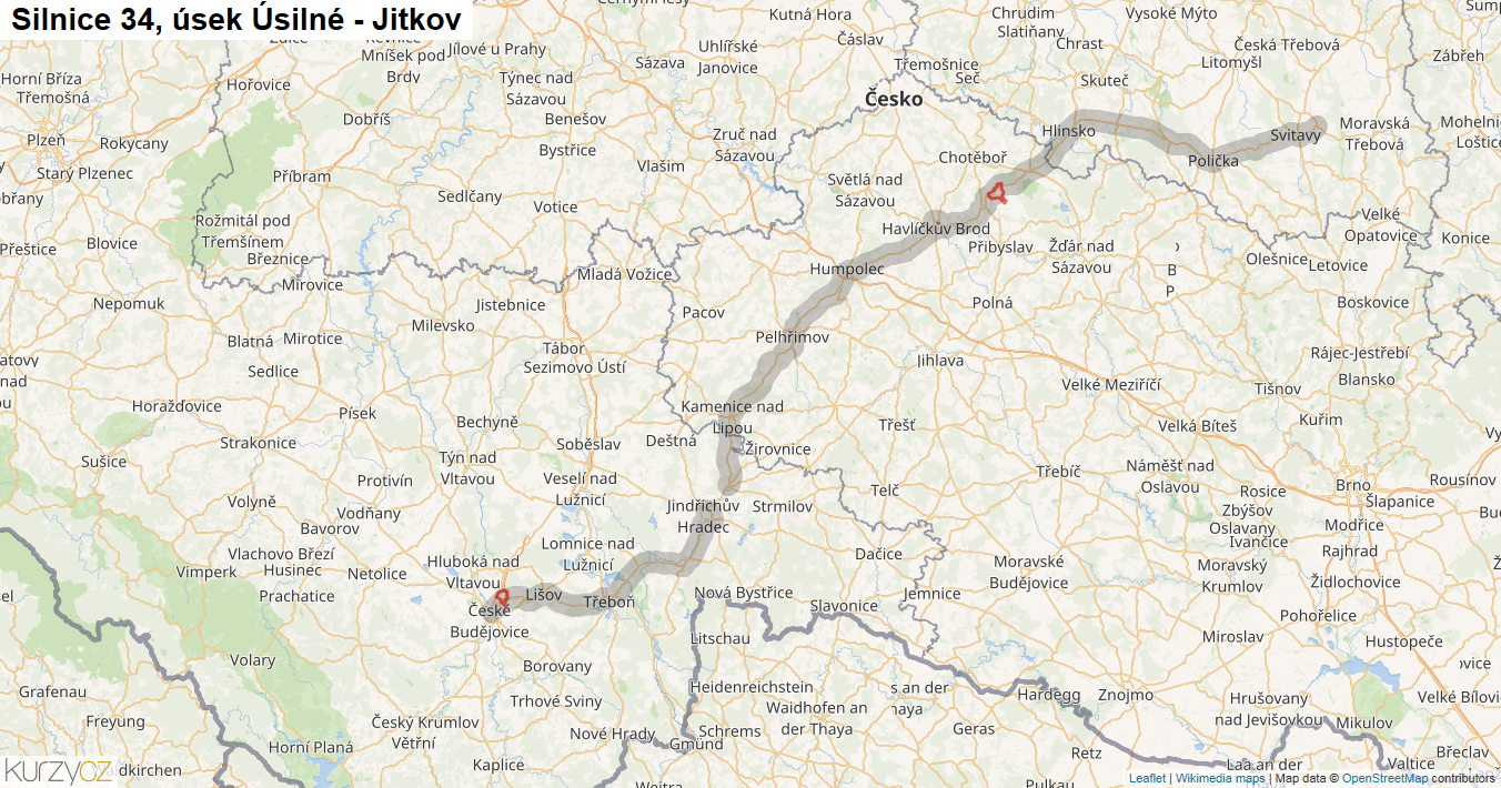 Úsek Úsilné - Jitkov, Silnice 34 - Mapa