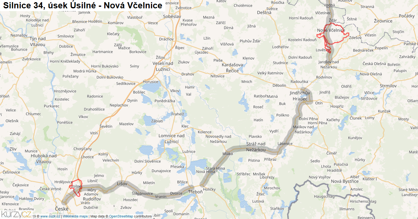 Úsek Úsilné - Nová Včelnice, Silnice 34 - Mapa