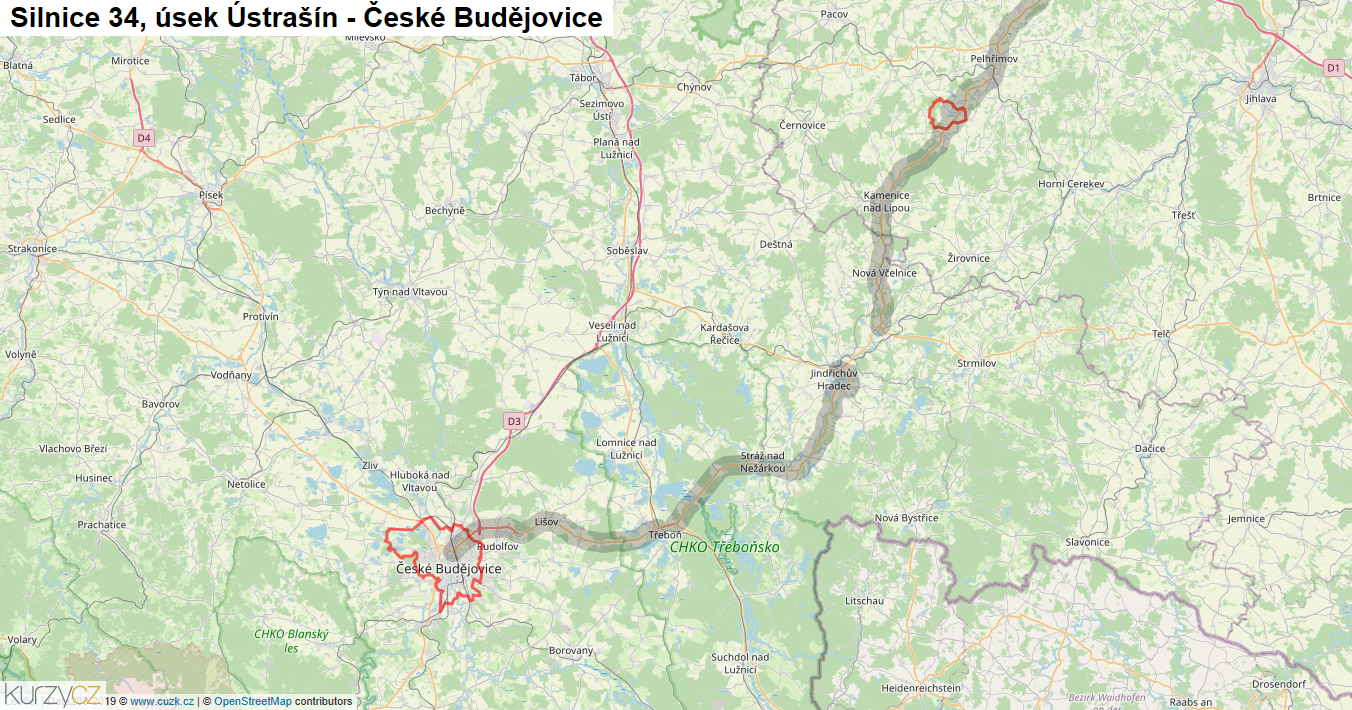 Úsek Ústrašín - České Budějovice, Silnice 34 - Mapa