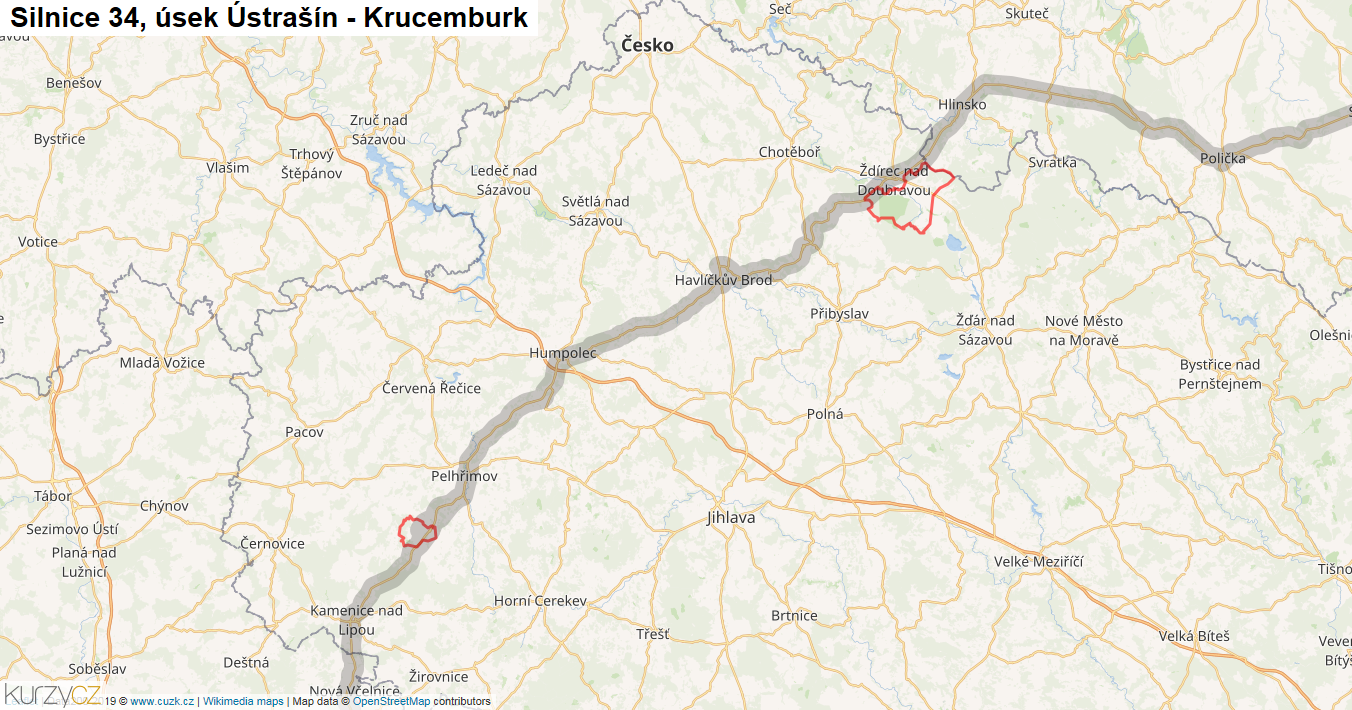 Úsek Ústrašín - Krucemburk, Silnice 34 - Mapa
