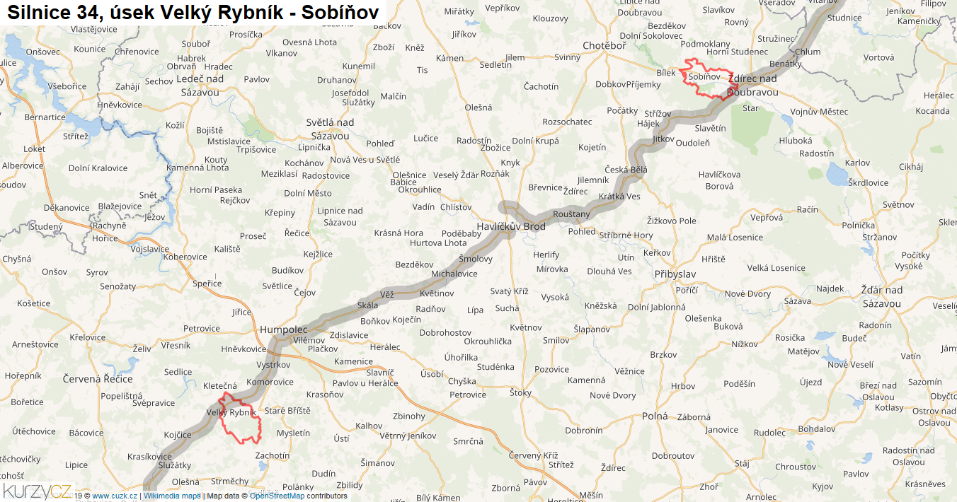 Úsek Velký Rybník - Sobíňov, Silnice 34 - Mapa