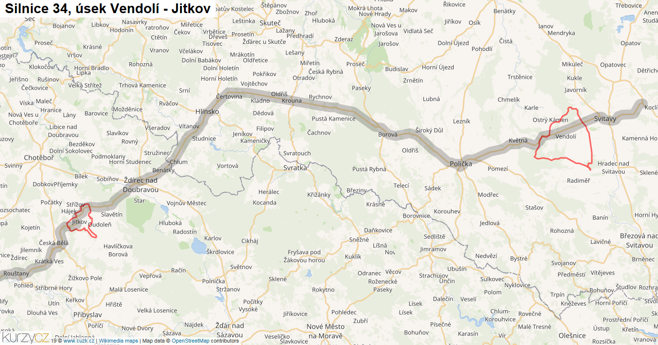 Úsek Vendolí - Jitkov, Silnice 34 - Mapa