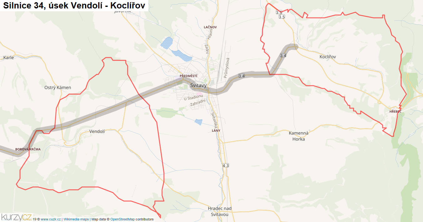 Úsek Vendolí - Koclířov, Silnice 34 - Mapa