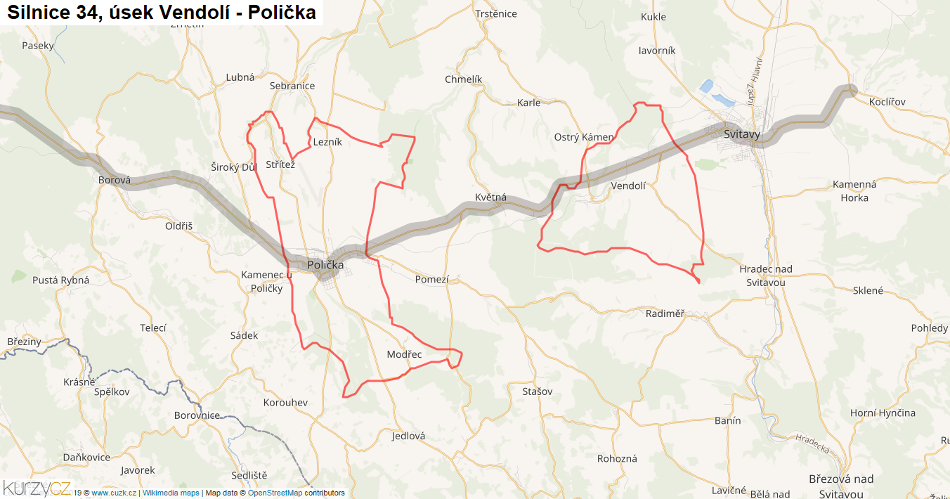 Úsek Vendolí - Polička, Silnice 34 - Mapa