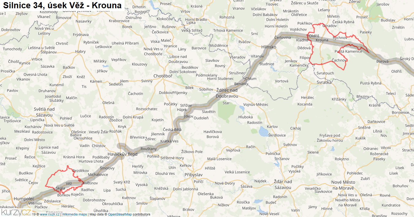 Úsek Věž - Krouna, Silnice 34 - Mapa