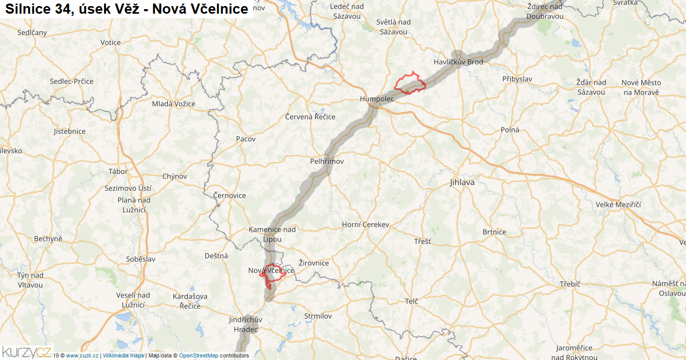 Úsek Věž - Nová Včelnice, Silnice 34 - Mapa