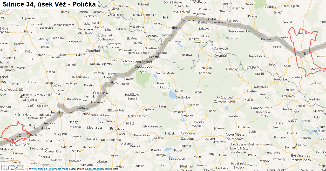 Úsek Věž - Polička, Silnice 34 - Mapa