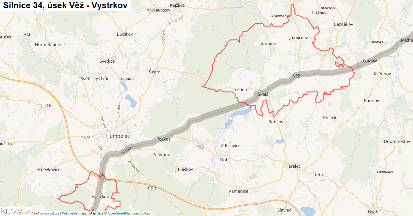Úsek Věž - Vystrkov, Silnice 34 - Mapa